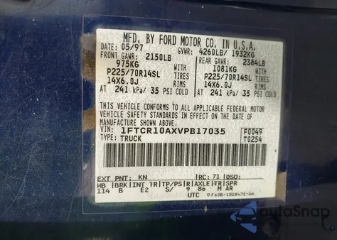 1997 Ford Ranger Splash/Xl/Xlt из США, поврежденный, VIN 1FTCR10AXVPB17035